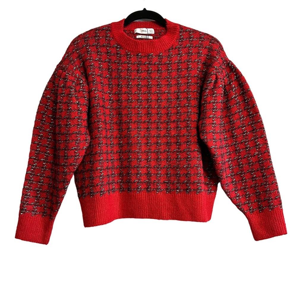 MNG Mango Houndstooth Wool Blend Knit Sweater Size S Red Black Metallic - Picture 3 of 13